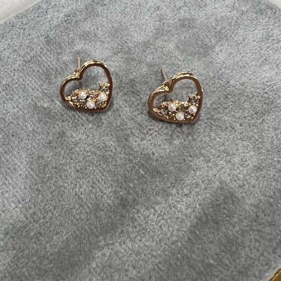 Romantic Hollow Heart CZ and Pearl Stud Earrings - Picture 2 of 5